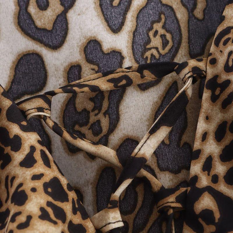 Kaslead New Arrival Women's Fashion Style Leopard Print V-neck Body Fitted Waist Flare-Sleeve Shirt Tops