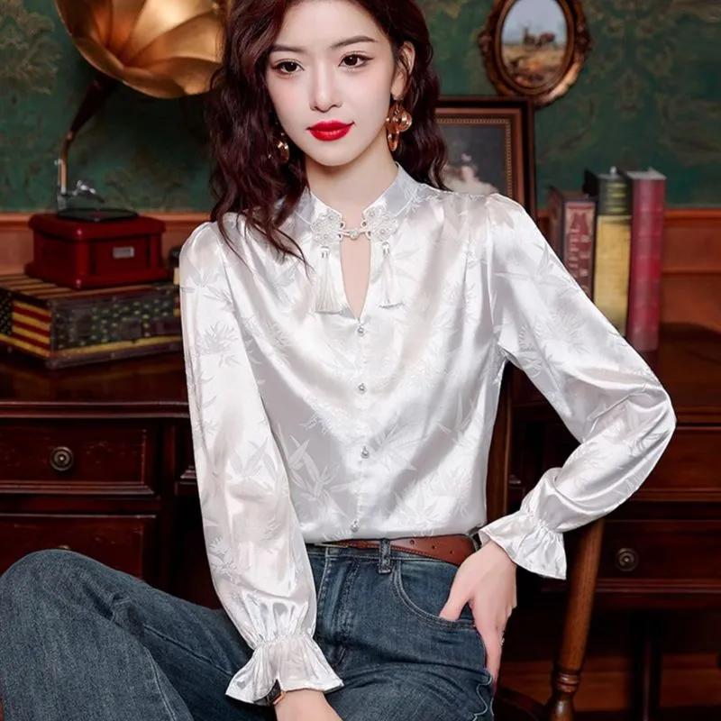 

Women s White Satin Jacquard Mandarin Collar Puffed 3/4 Sleeve Ruffle Cuff Casual Blouse S белый