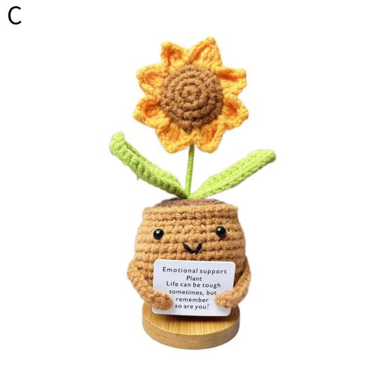 Crocheted Sunflower Doll Emotional Inspirational Support Potted Plant Doll Handmade Inspirational Doll with Positive Card for Cheer Up Gift Home Decor