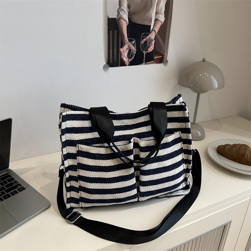 Literary Contrasting Color Canvas Bag Spring and Summer New Tote Bag Large Capacity Shoulder Underarm Striped Beach Bag