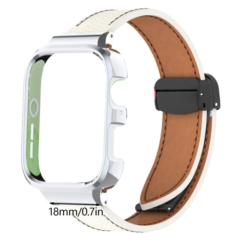 Leather Watch Band Replacement Band Lychee Texture Strap for Fit 3 Wristband Sweatproof Bracelet with Metal Frame