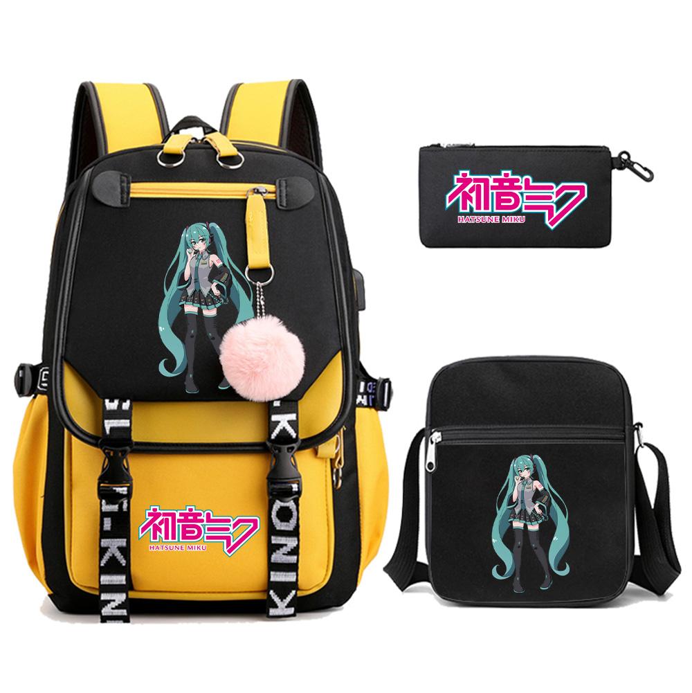 3ks/sada Anime Kreslený Batoh s Potiskem Hatsune Miku s Taškou přes Rameno pro Teenagera Studenta Dívku Chlapce Velkokapacitní Voděodolný Školní Batoh Mochila