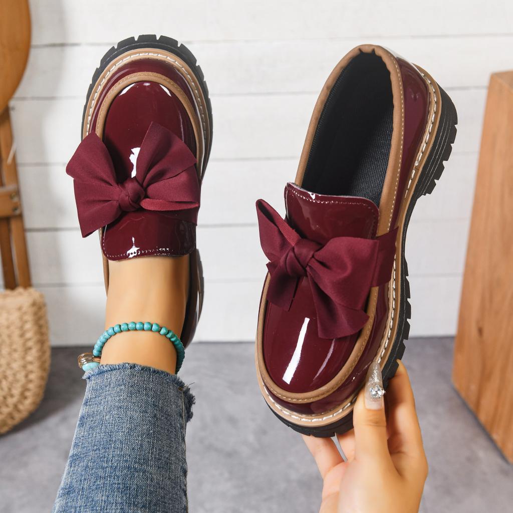 Plus Size 36-43 Shoes for Women FashionThick Bottom Ladies Slip on Bow Leather Loafers Non-slip Work Comfort Flats Sneakers