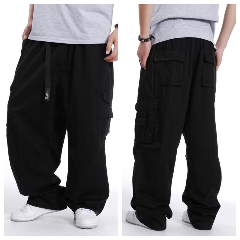 

Весенние и осенние мужские брюки с множеством карманов, повседневные комбинезоны, большие размеры, широкие брюки с эластичной резинкой на талии, свободные длинные брюки XXXL чёрный