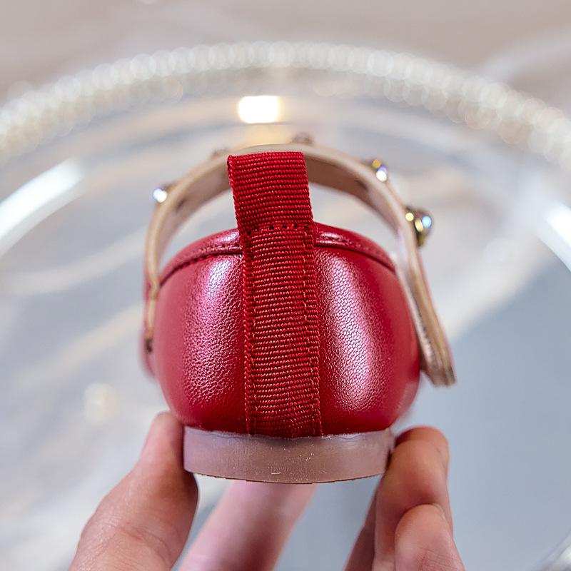 Dětské retro baleríny Mary Jane: Dívčí jednobarevné nízké princeznovské boty s kulatou špičkou, na suchý zip a s perličkami.