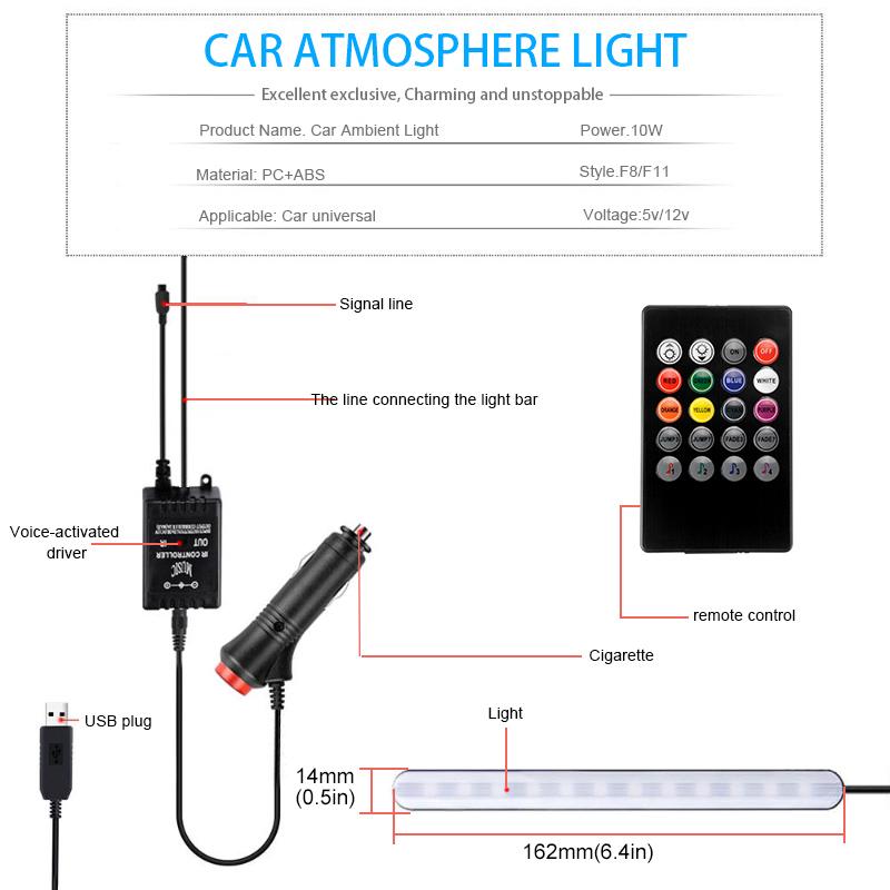 Car LED Atmosphere Light Foot Light RGB Music Voice Control APP USB Cigarette Lighter Remote Control Interior Decorative