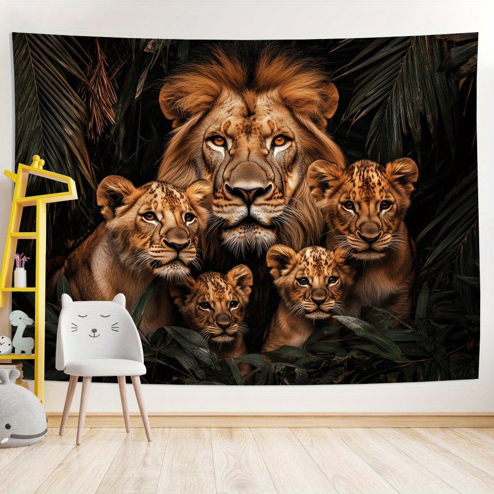 Lion Family Tapestry, Majestic Lion with Cubs In Jungle, Wildlife Animal Wall Hanging for Living Room Bedroom Decor