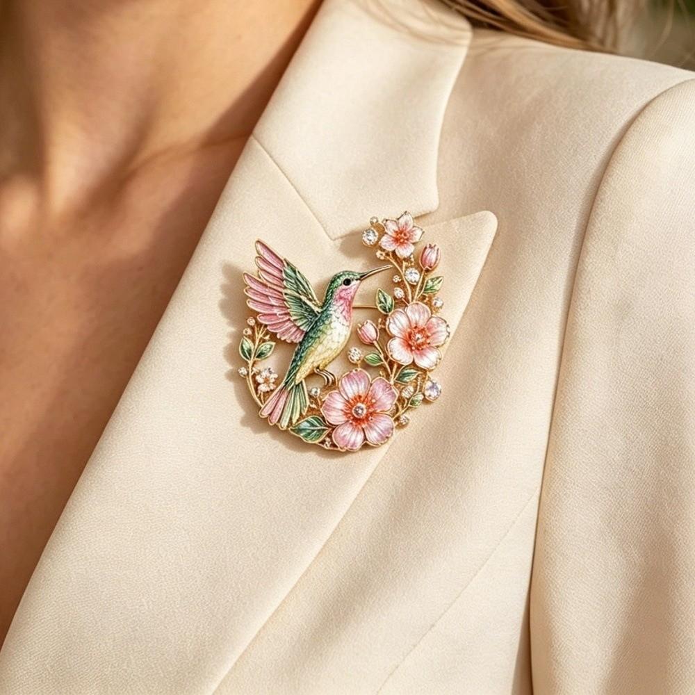 Colorful Design Hummingbird Blossom Brooch Metal Material Bird Brooch Chest Pin For Handbags