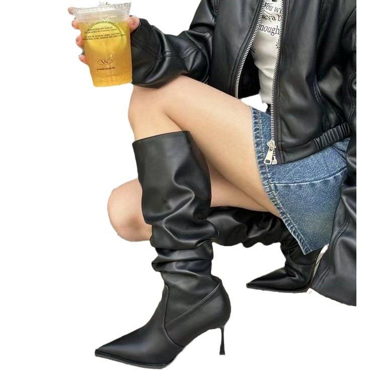 2024 podzim nové špičaté retro plisované kožené boty vysoký podpatek boty s rukávem design smysl tenké Spice Girls dámské boty