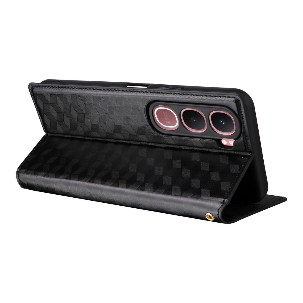 For Vivo Y31 5G/Y21d Case Wallet Rhombus Imprinted Leather Phone Cover -  Black