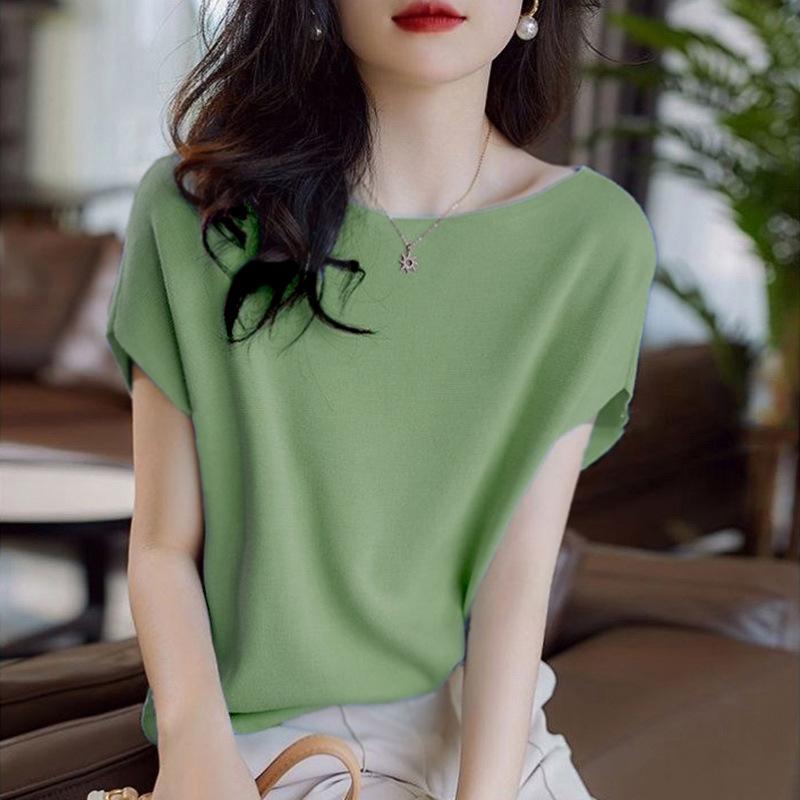 Summer Japanese and Korean Solid Color All-match Knitwear Women's Short-sleeved T-shirt Thin Loose Bat-sleeved Western Style Top