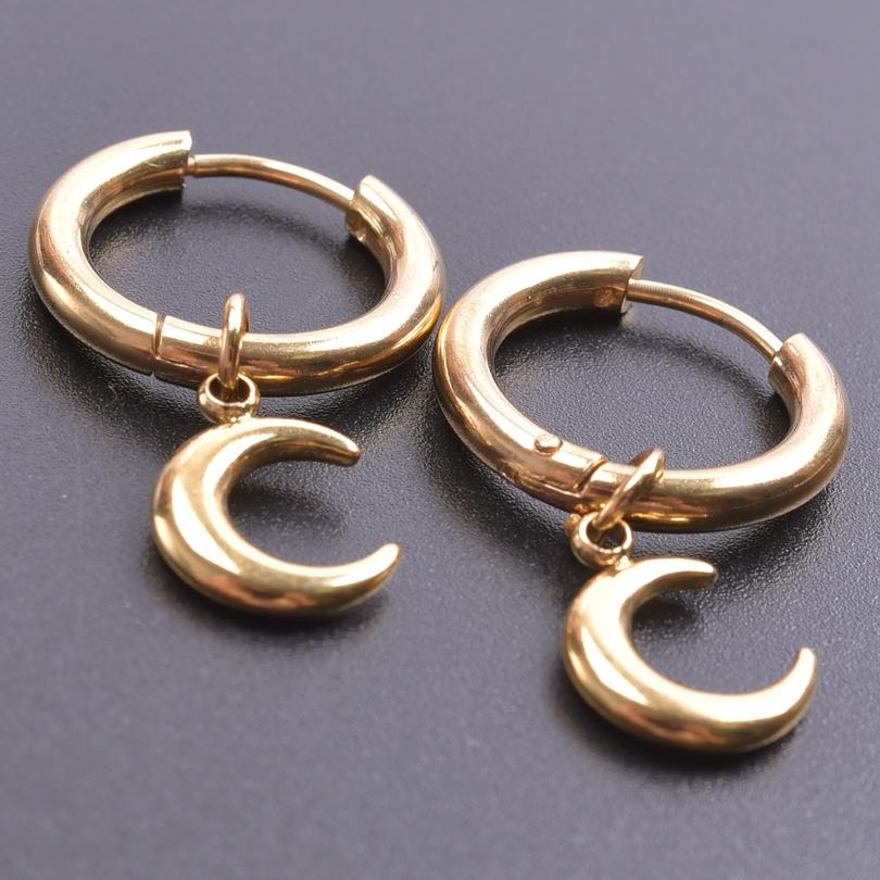 Upright Moon Charm Earring Lune Pendant Stainless Steel Earrings For Women Men Fashion Jewelry Round Hoops Piercing Oorbellen