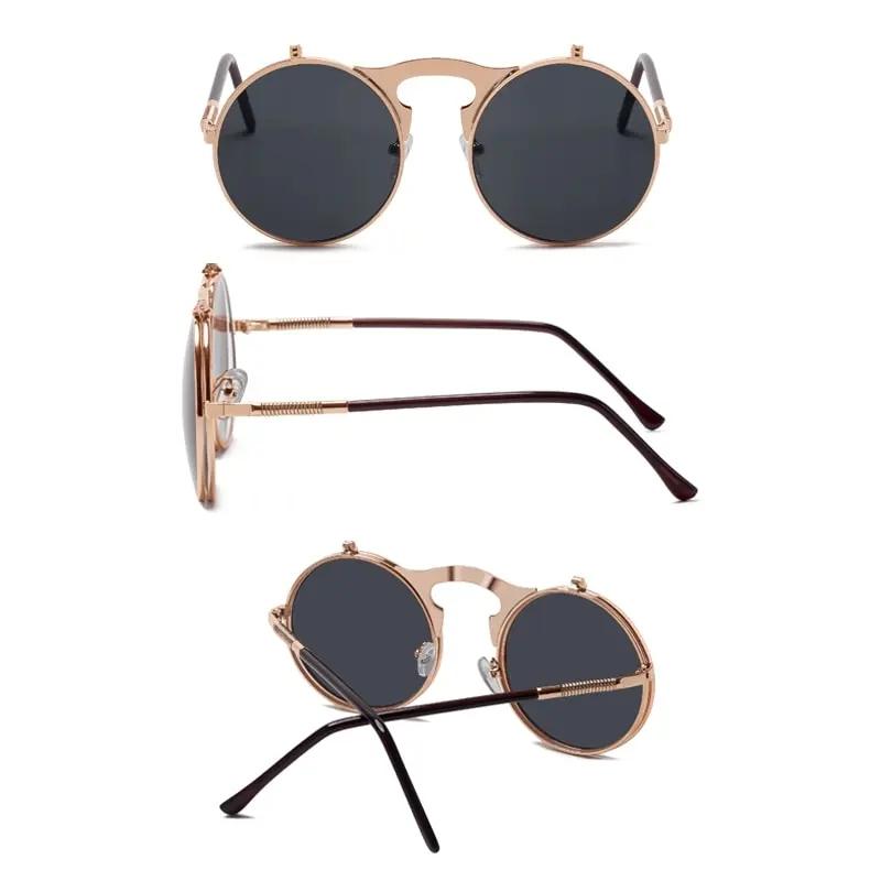 Vintage Style Steampunk Flip Sun Glasses Men's Retro Style Round Metal Material Sun Eyeglasses for Women's Brand Designer Fashion Circle Shades