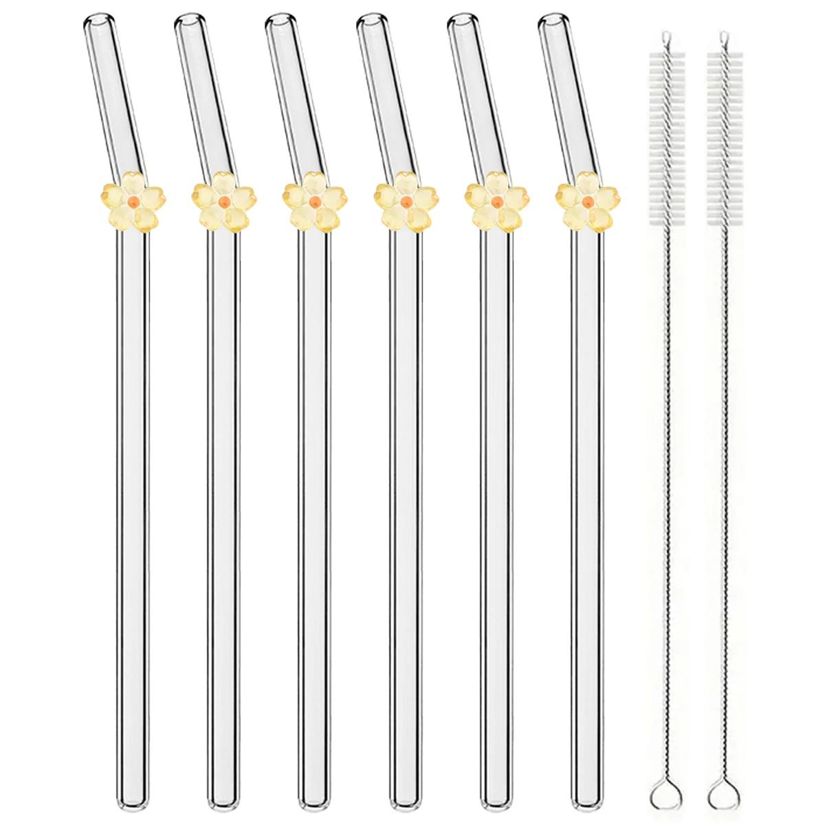 

6pcs High Borosilicate Glass Bent Straws Set Flower Drinking Straw Set with Brush Milk Shake Coffee Cocktail Straw Bar Drinkware