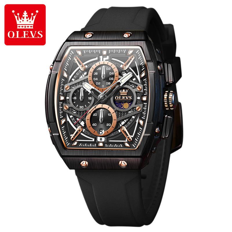 

OLEVS Мужские часы Скелетон Кварцевые Наручные часы Силиконовый ремешок Бочкообразный Дизайн с большим циферблатом Водонепроницаемые Люминесцентные часы для мужчин чёрный