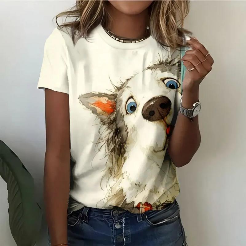 Modisches Damen Rundhals Kurzarm 3D Tier Farbdruck Tier Kurzarm Rundhals T-Shirt