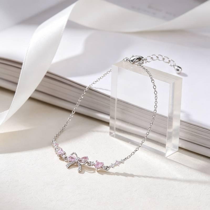Shiny Pink Bow Heart Zircon Jewelry Set Necklace Bracelet for Women Trendy Y2K Style Accessory Gift for Teens
