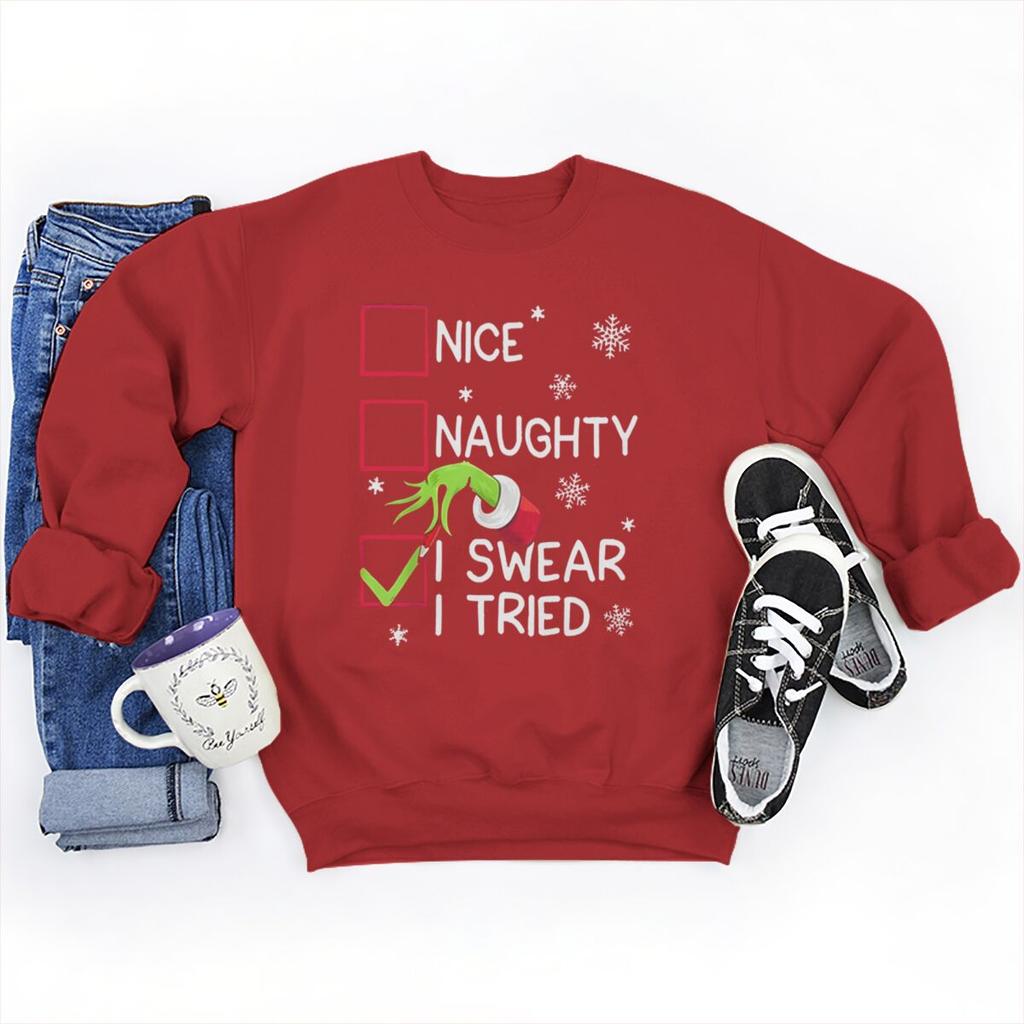 Weihnachten Nett Unartig Ich Habe Es Versucht Aufdruck Damen Sweatshirt Wintermode Damen Langarm Rundhals Damen Weihnachten Sweatshirts