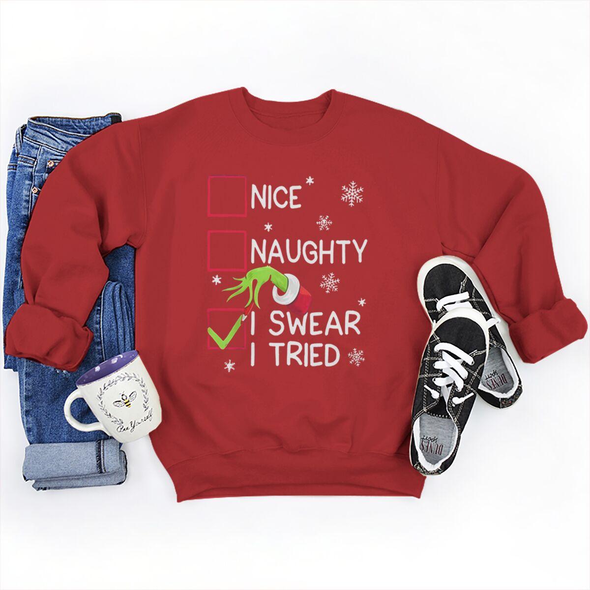 

Christmas Nice Naughty I Tried Print Women Sweatshirt Winter Fashion Ladies Long Sleeve Crewneck Women Xmas Sweatshirts XL