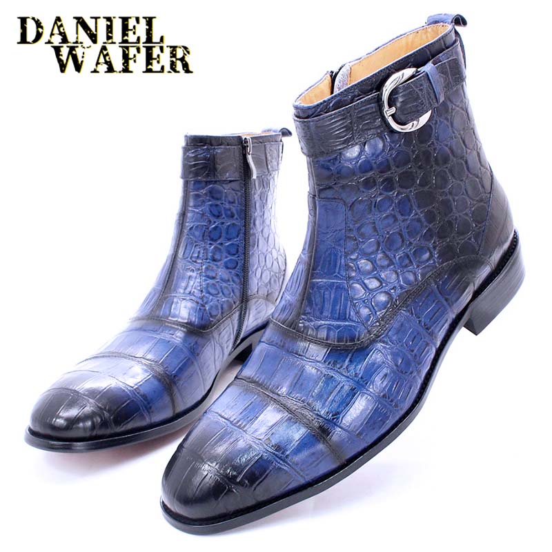 Fashion Luxury Ankle Boots Mens Dress Shoes Black Brown Blue Crocodile Print Genuine Leather Zip Buckle Wedding Office Chelsea Boots Men