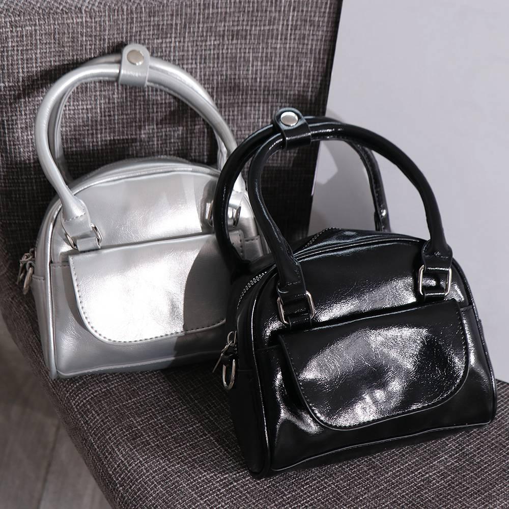 PU Leather PU Bowling Bag Makeup Bag Boston Bag Elegant Silver Handbag  Travel