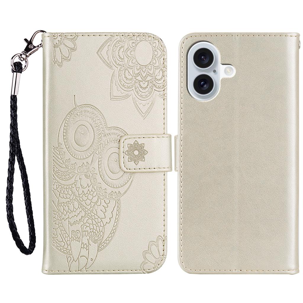 For iPhone 16 Plus Case Owl Flower Imprinted Leather Cover Wallet with Strap