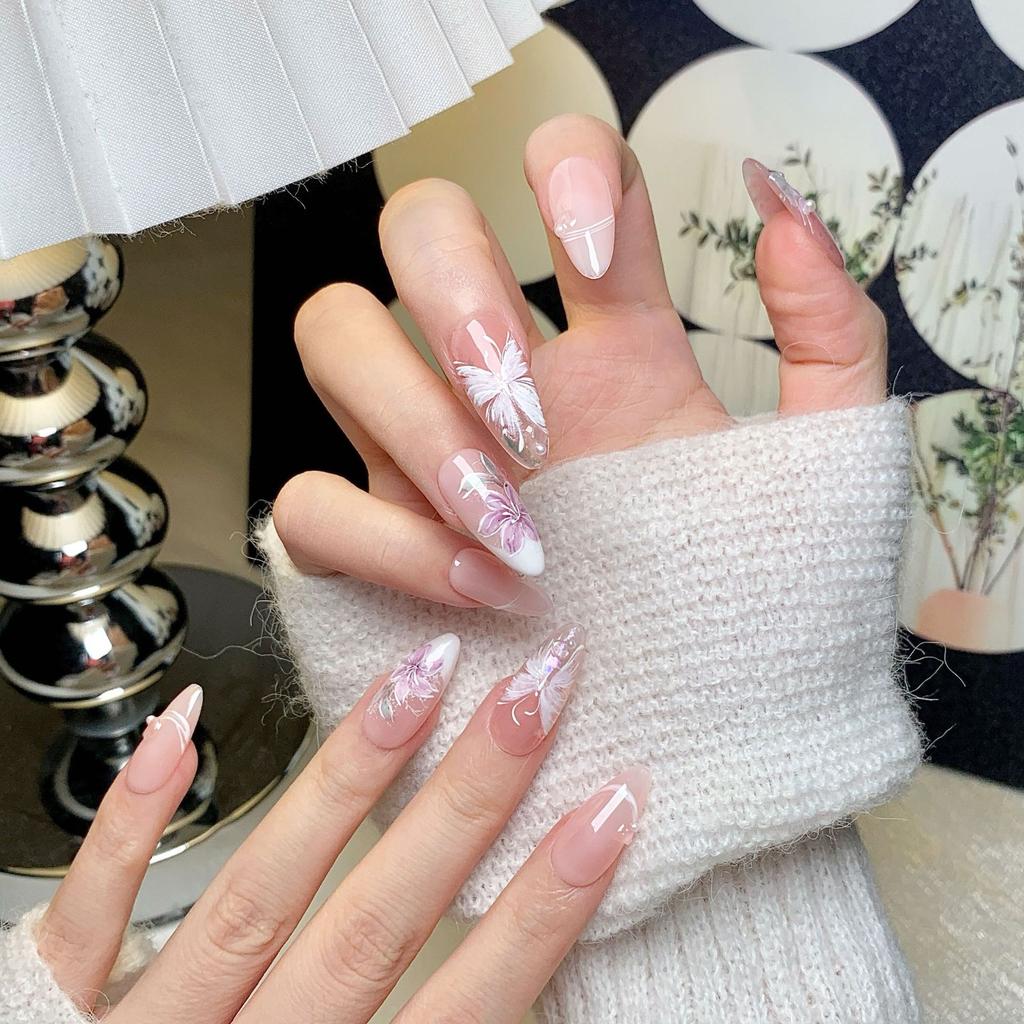 Women INS‑Style Press‑On Nails Handcrafted Finished Hand‑Painted Watercolor Floral‑Butterfly False Nail Tips