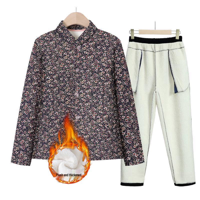Grandma's Winter Floral Cotton Jacket with Velvet Lining - Warm, Thickened, Small Size for Elderly Women