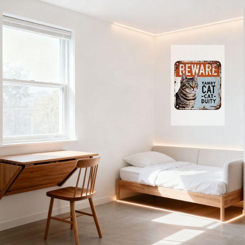 Vintage Rusty Square Metal Sign Beware Gray Tabby Cat Tamby Cat Cat Duty Sign for Man Cave Home Decor Aged Retro Metal Plaque wi