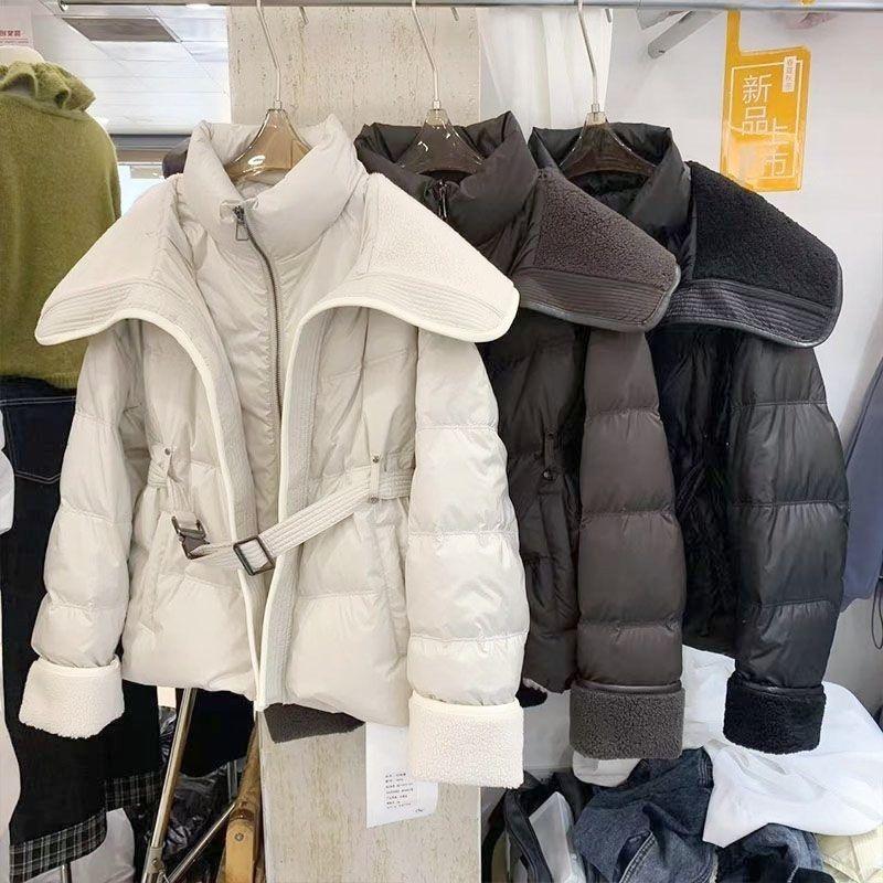 Winter Jacket Coat Female Parkas Fashion Lamb Wool Double Collar Short Belt Warm Down Cotton Jacket Women Outerwear Top