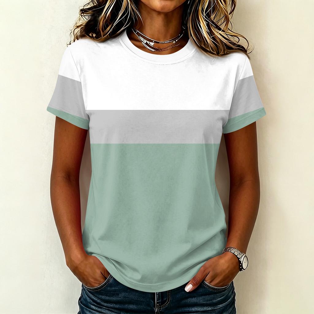 Dames Casual Pullover Korte Mouw T-shirt Kleurblok Bedrukt Top Ronde Hals Lichtgewicht Zachte Stof