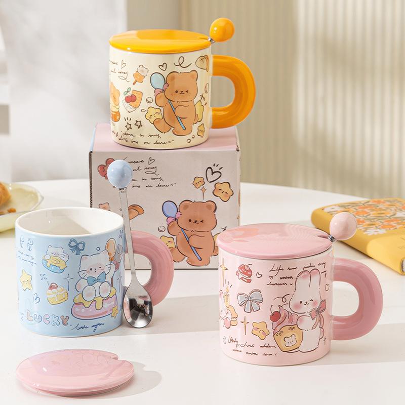 Cartoon Cup with Lid Cute Butter Bear Ceramic Mug with Lid with Spoon Ceramic Cup Water Cup Female Souvenir
