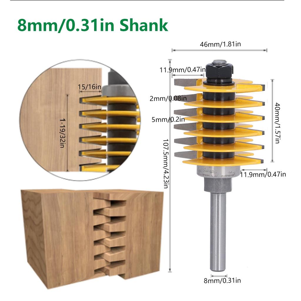 Finger Joint Router Bit Router Bit 8mm Shank 2 Teeth Adjustable 46mm Cutter Head Cutting Tool for Woodworking Router Bit Tool