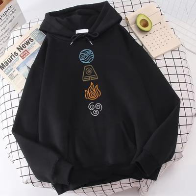 2025 Avatar Der Letzte Airbender Hoodie Wasser Luft Feuer Erde Vier Elemente Print Schwarz Anime Oversized Sweatshirts Harajuku Unisex