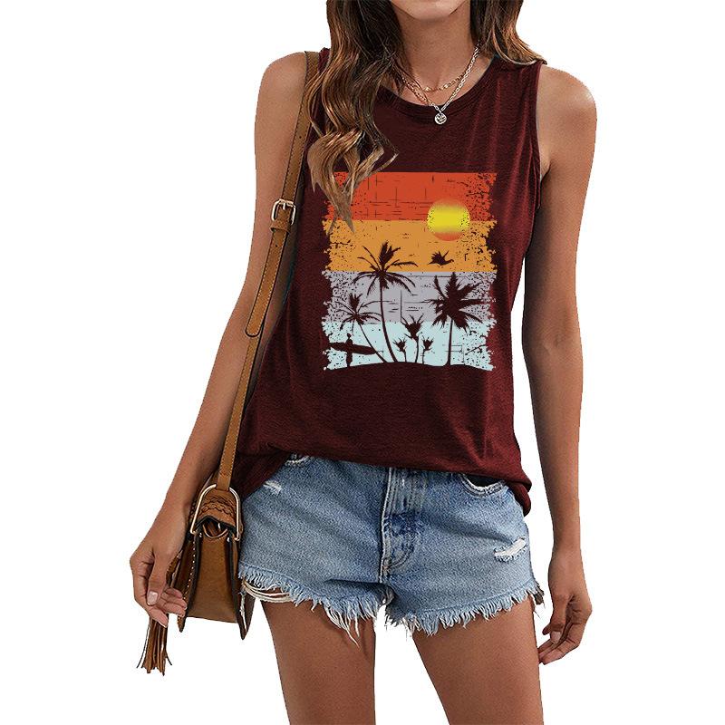 Women's Hawaii Landscape 3D Printed Sleeveless T-shirt, Y2K Street Clothing, Oversized Round Neck Tank Top, Off Shoulder, Women's Sleeveless T-shirt