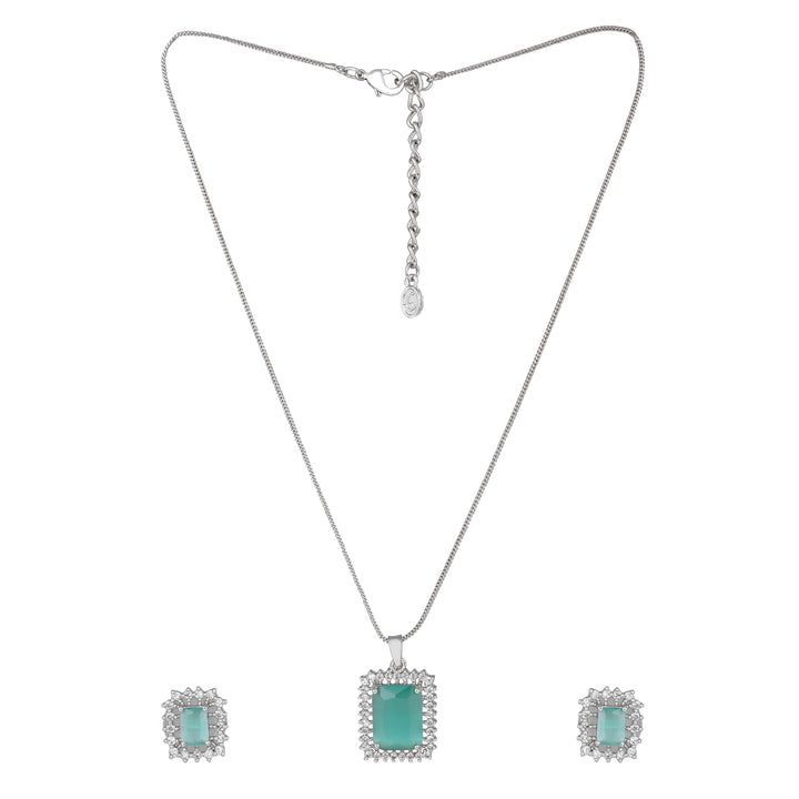 Estele Designer Square Pendant Set with Rhodium Plated CZ and Mint Green Stones for Women