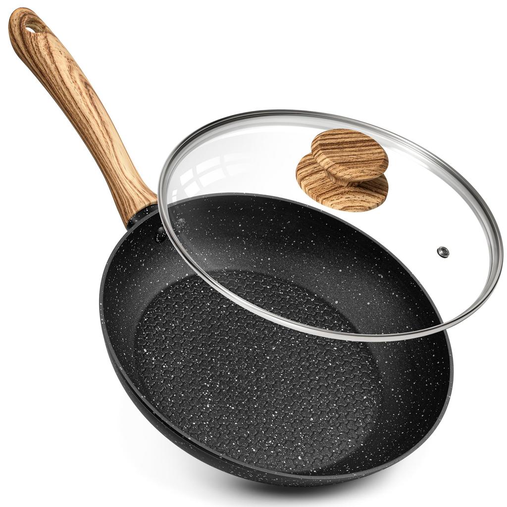 MICHELANGELO Frying Frying Pan with Honeycomb IH Gas Fire Easy to Safe and Compact Black Pan, 26cm, Marble-Coated, Lid, Design, Water-Repellent,
