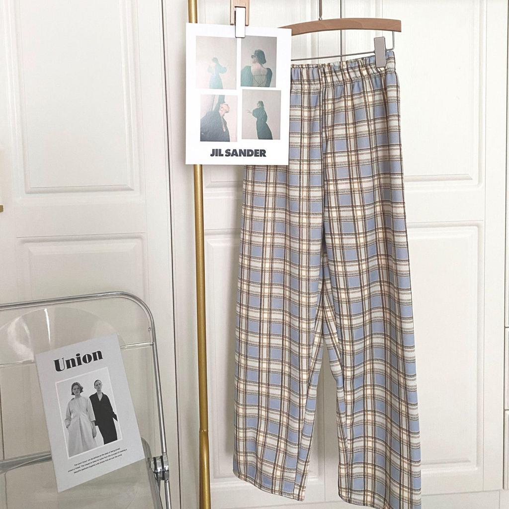 Women's High-Waisted Fleece-Lined Wide-Leg Plaid Pants for Autumn and Winter