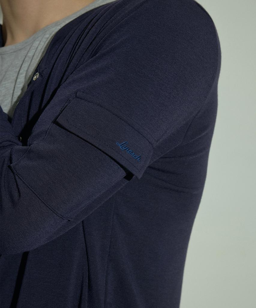LANARCHIVE [0105] Layered Henley Neck Long Sleeve - Navy