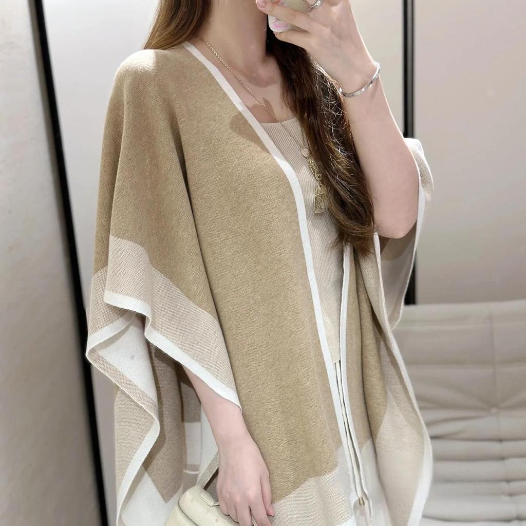 Hochwertiger gestrickter Schalmantel für Damen: Warme Herbst-/Winter-Colorblock-Oberbekleidung