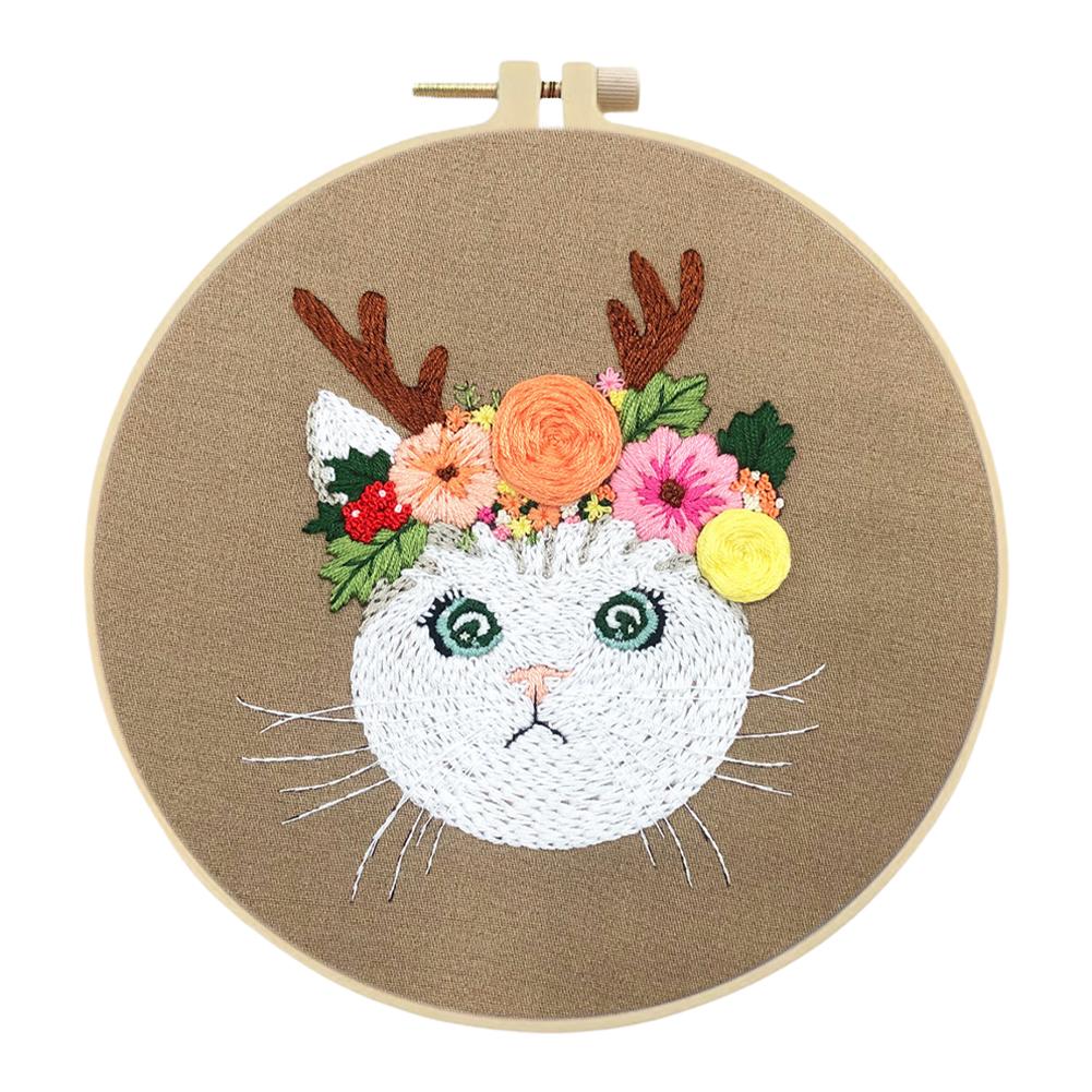 Cat Flower Stamped Cross Stitch Embroidery Kits with Hoop Cloth Color Thread