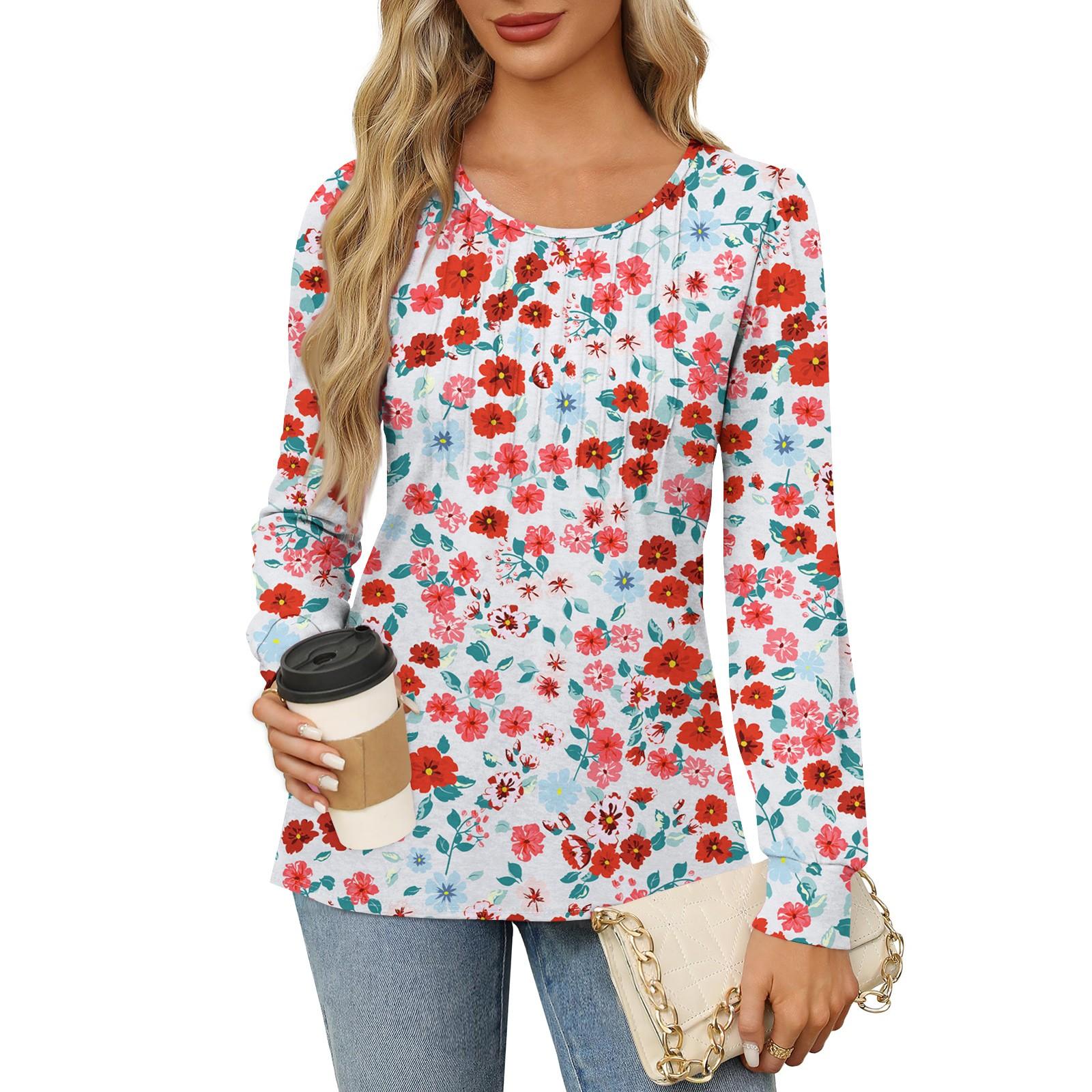 

Рубашки с длинным рукавом для женщин, футболки с милым принтом и графикой, блузки, нарядные повседневные блузки, плиссированные топы-туники с овальным вырезом XL красный