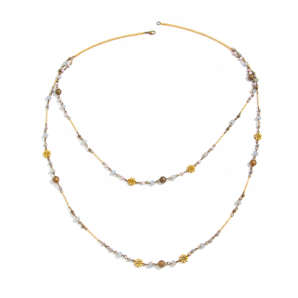 Bohemian Flower Chain Stacked Necklace Female, Retro Style Crystal Beaded Long Necklace