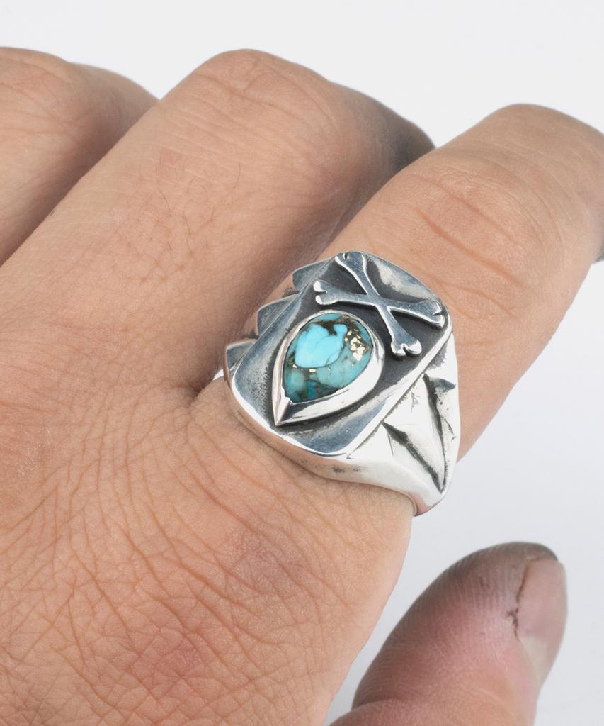 Sheen666 Teardrop Turquoise Crossbone Silver Ring (Type A)