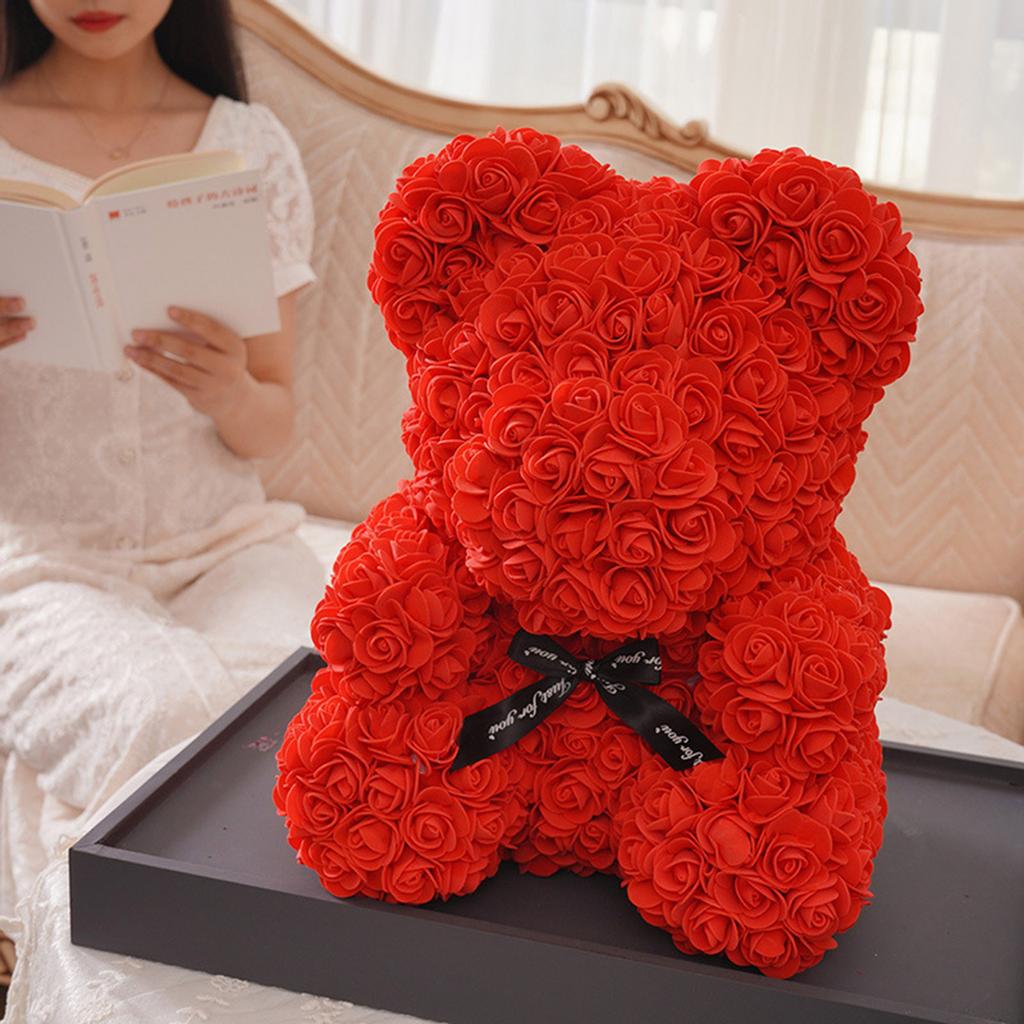 9.8in Artificial Cute Bear Rose Flower for Wedding Anniversary Including Transparent Gift Box Red