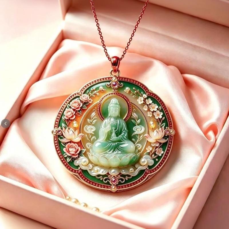 Ethnic Enamel Auspicious Imitation Jade Pendant Necklace Vintage Jewelry For Women Traditional Outfit Accessory Gift