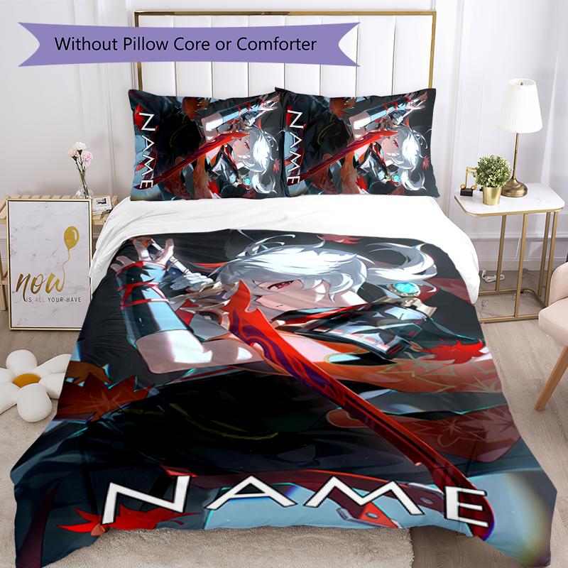 3pcs Custom Name Cartoon Genshin Impact Manye Bedding Set Duvet Cover Closure Includes 1 Duvet Cover & 2 Pillowcases for All Seasons Bedroom Decor