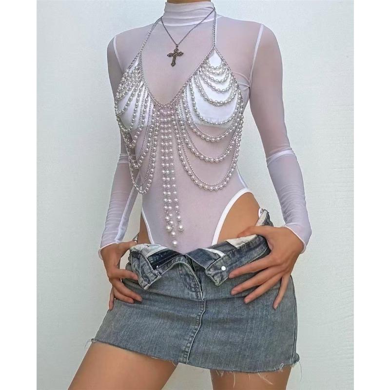 Pearl Chain Tassel Halter Body Chain Top