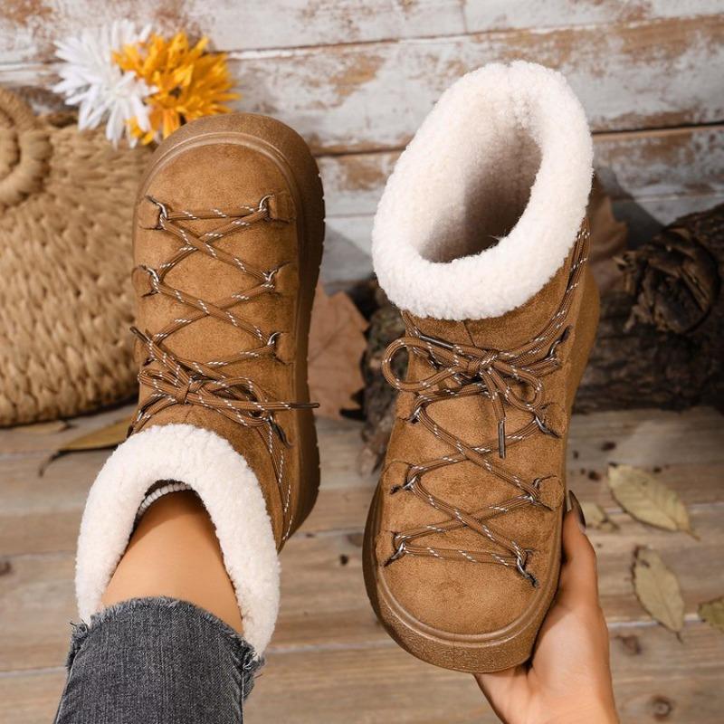 Women's Plus Size Lace Up Platform Snow Boots Winter New Short Ankle Warm Fleece Lined Cotton Boots