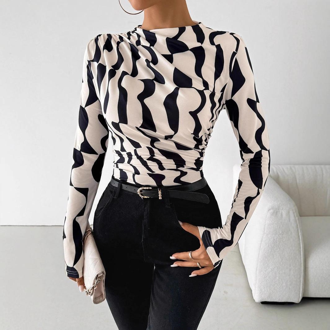

New Style Short-necked Pleated-edge Printed Slim-fit and Figure-hugging Top for Women In Autumn and Winter. S абрикосовый